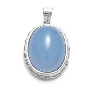 GLAMOROUS STERLING SILVER BLUE JADE 0.60 CARAT CZ EDGE OVAL PENDANT